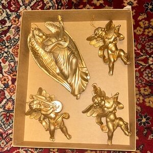 Blow Mold Angel and Cherubs Gold Christmas Ornaments (4)
